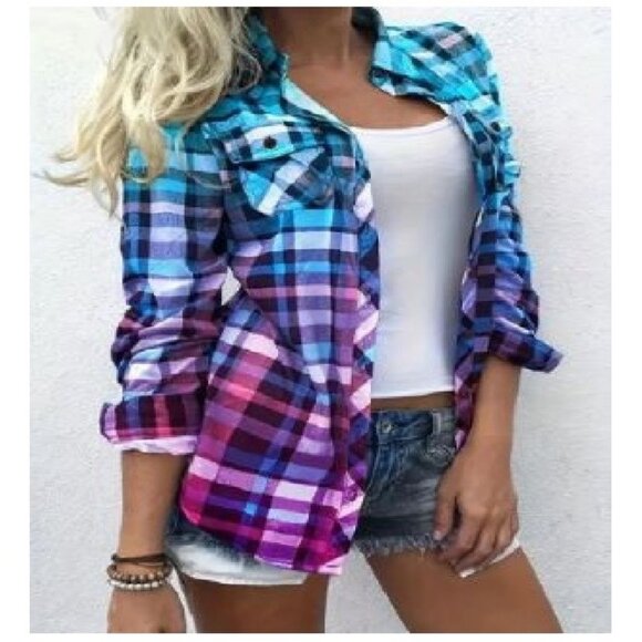 Ladies Vibrant Plaid Print Long Sleeve Button Up Shirt - Picture 1 of 6